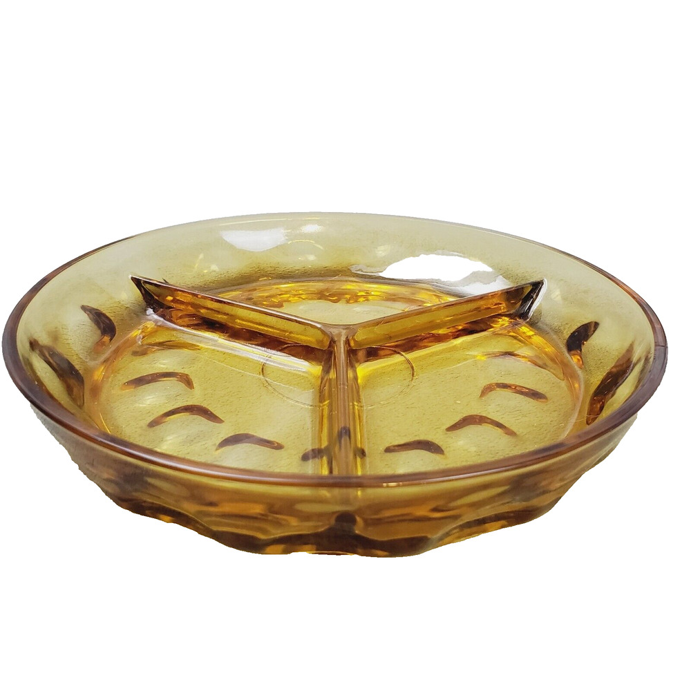 Vintage Hazel Atlas Glass Divider Candy Dish Reflection Amber Adult's 8" MCM